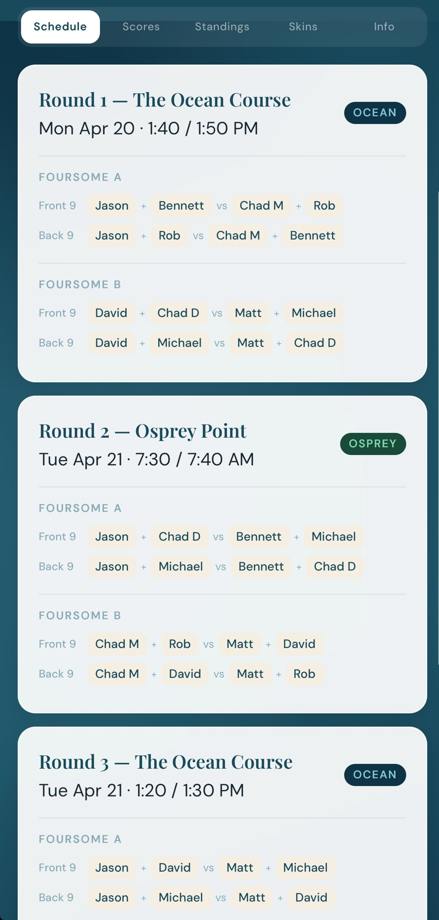 Trip schedule with pairings and foursomes