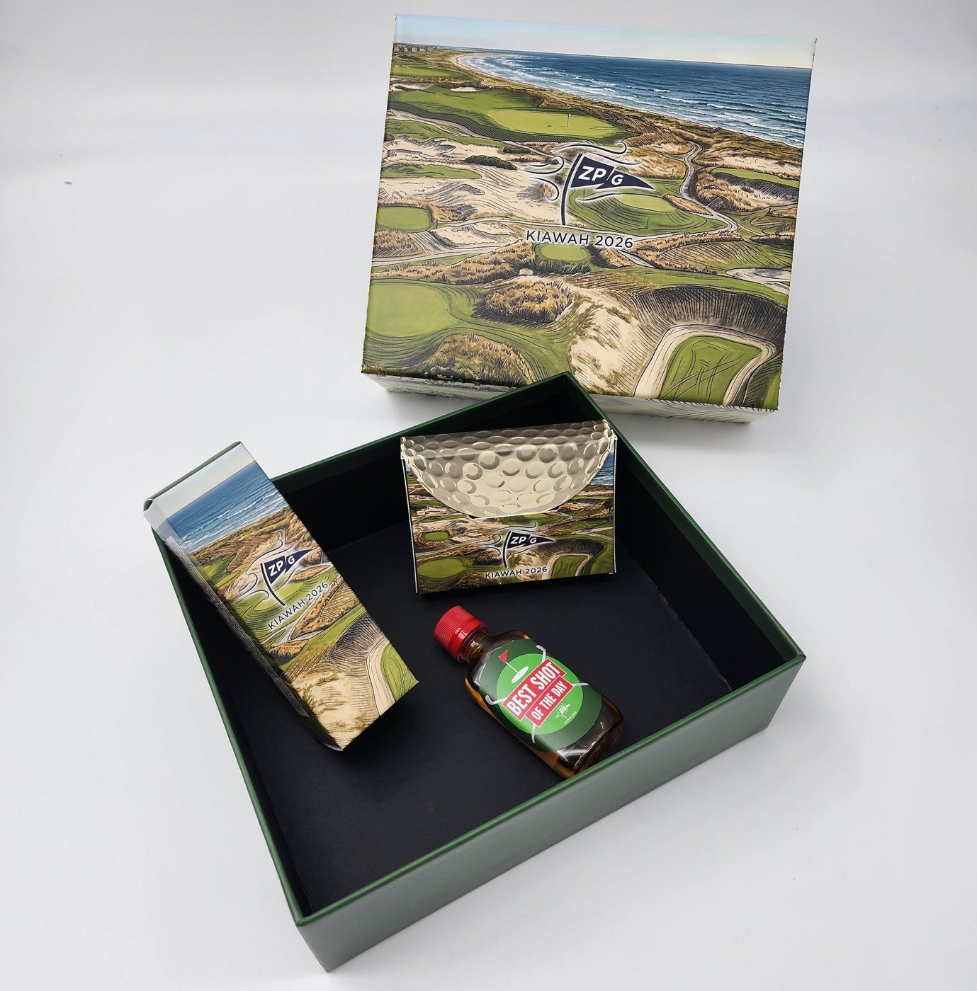 Custom Kiawah golf trip gift box with course illustration