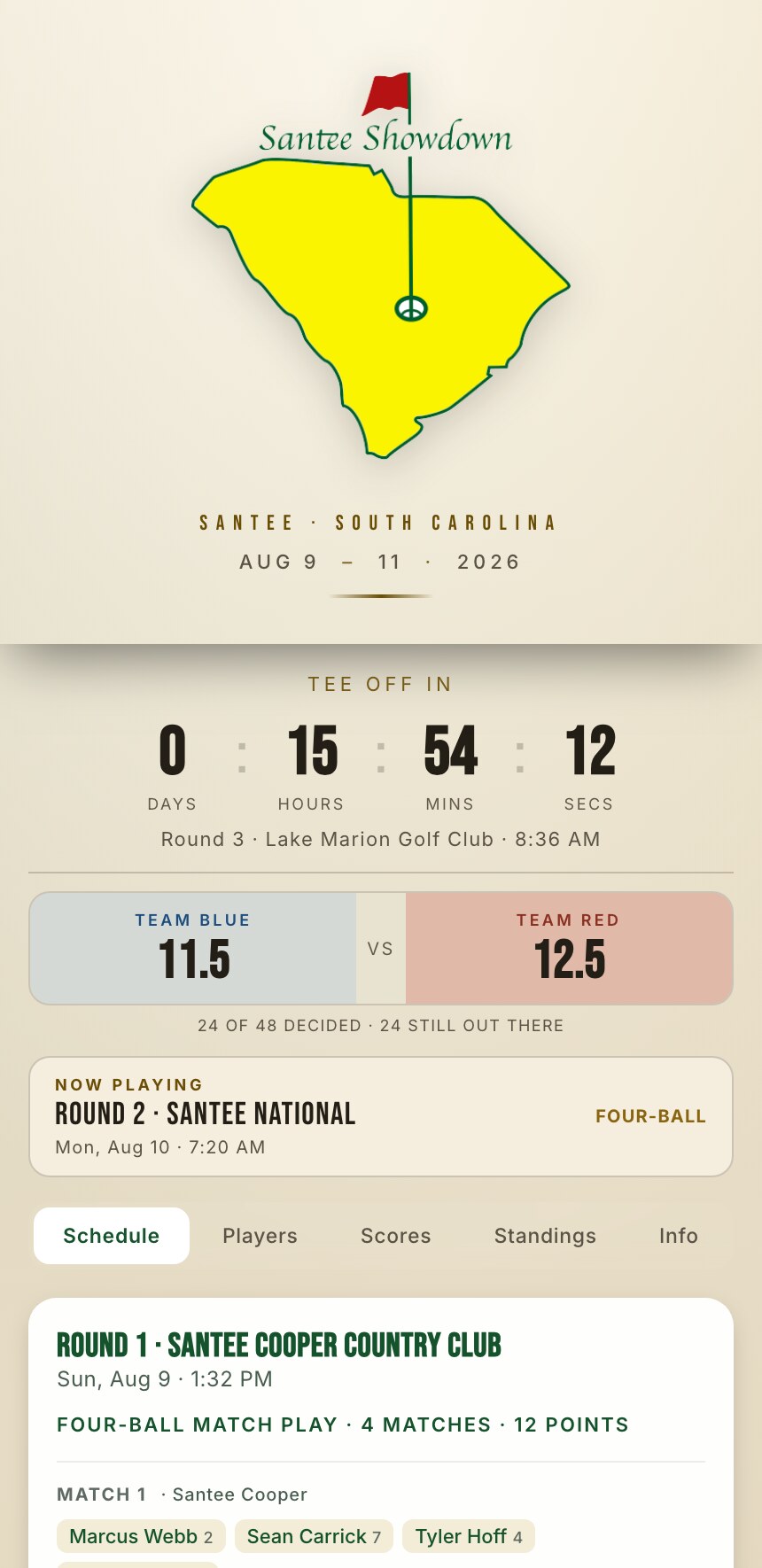 The Santee Showdown trip site open on a phone, showing the trip dates of April 2 to 5 2027, a countdown to the next tee time, and Round 1 at Santee Cooper Country Club with the team pairings.
